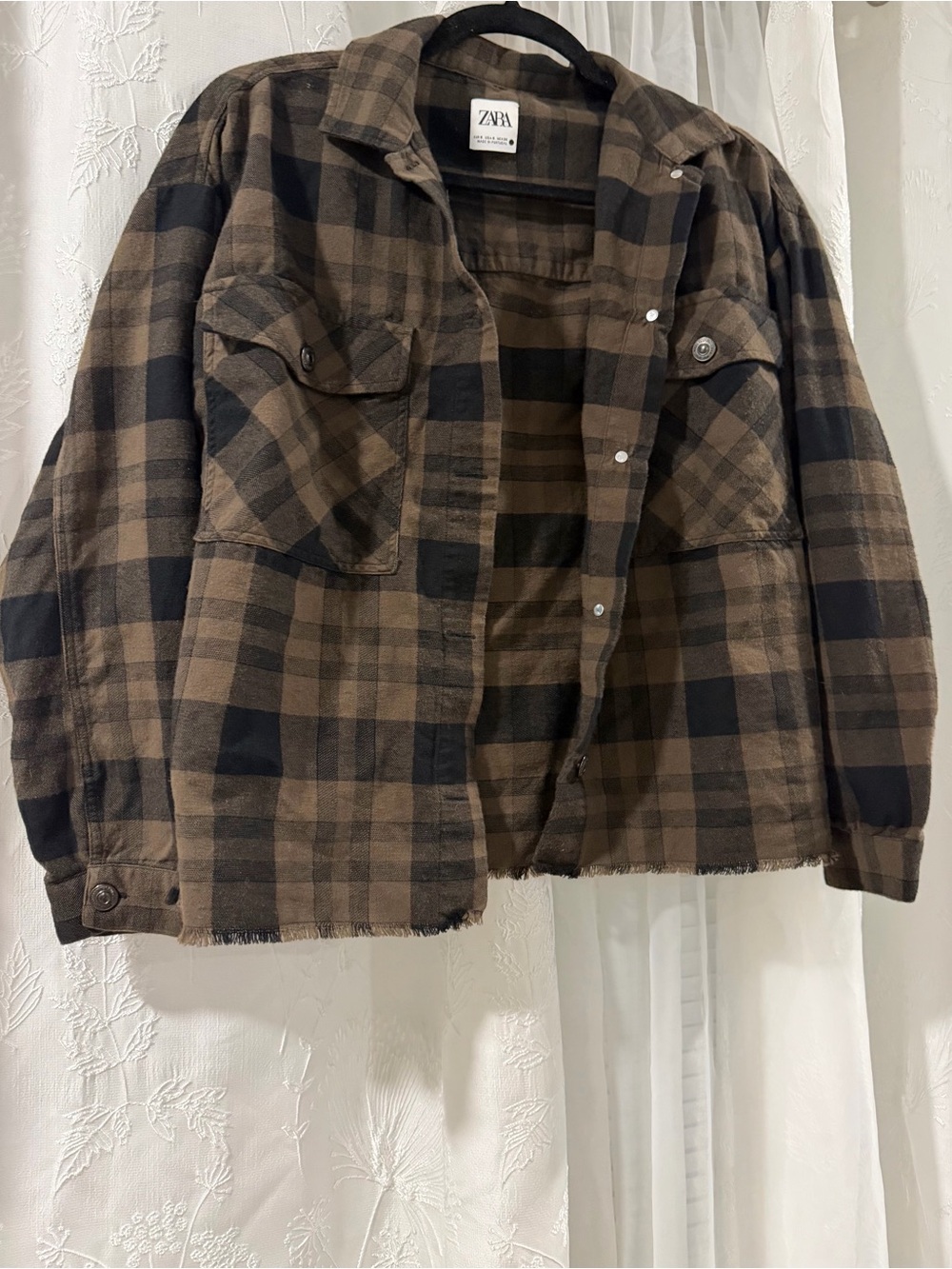 Zara Brown and Black Plaid Lightweight Shirt Jacket